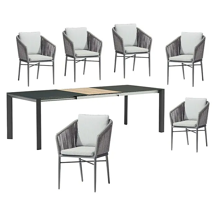 Acamp Gartenmöbel-Set Manhattan - 7 -tlg., Aluminium, Textilene, Glas, Anthrazit - Graues Gartenset mit Tisch und Stühlen. Das moderne Möbelset besteht aus einem Tisch mit Ausziehfunktion und sechs passenden Stühlen mit Polster.