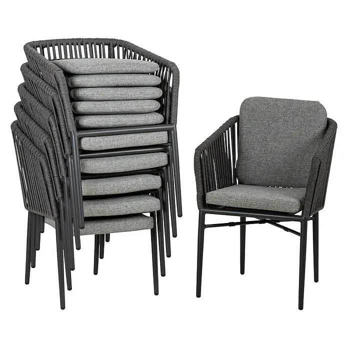 Acamp Gartenmöbel-Set Manhattan/Chicago - 9 -tlg., Aluminium, Polyester, Grau, Tischplatte ausziehbar - Stapelbare Outdoor-Stühle mit grauem Seilgeflecht und passenden Kissen, ideal für Terrasse oder Garten. Ein Stuhl steht daneben zur Ansicht.