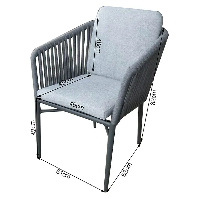 Acamp Gartenmöbel-Set Manhattan/Chicago - 7 -tlg., Aluminium, Polyester, Grau, Tischplatte ausziehbar - Bild einer Rattansessel mit hellgrauem Kissen. Die Abmessungen des Rattansessels sind eingezeichnet.