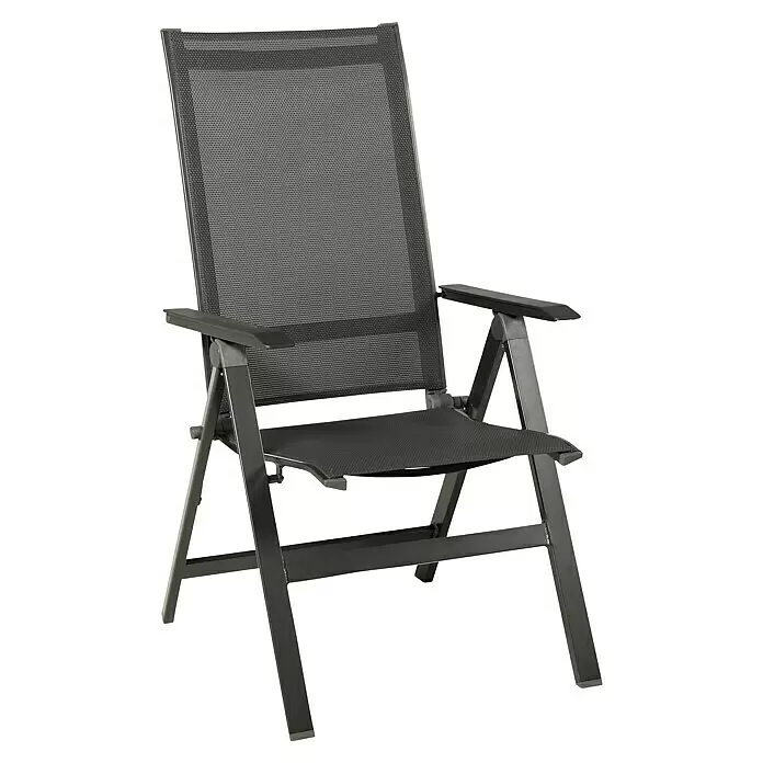 Acamp Gartenmöbel-Set Urban/Extensio - 5 -tlg., Aluminium, HPL, Textil, Schwarz - Schwarzer klappbarer Outdoor-Stuhl aus Mesh mit dunkelgrauem Metallgestell und Armlehnen.