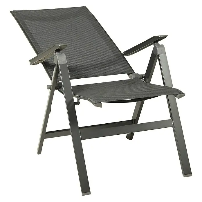 Acamp Klappstuhl Urban - Aluminium, Textil, Rückenlehne verstellbar, Anthrazit, B x T x H: 60 x 66 x 112 cm - Eine stilvolle, verstellbare Gartenliege mit Armlehnen, ideal zum Entspannen im Freien, präsentiert vor einem neutralen Hintergrund.