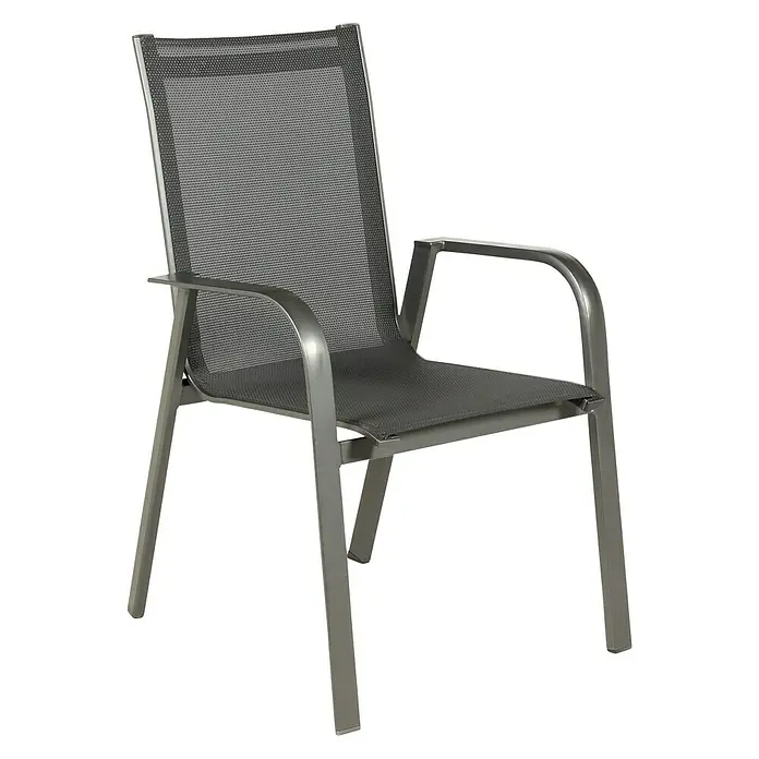 Acamp Stapelsessel Urban - 8 Stk., Aluminium, Acatex, Grau, B x T x H: 62 x 69 x 97 cm - Aufnahme eines modernen grauen Gartenstuhls mit Armlehnen und Netzstruktur vor einem schwarzen Hintergrund.