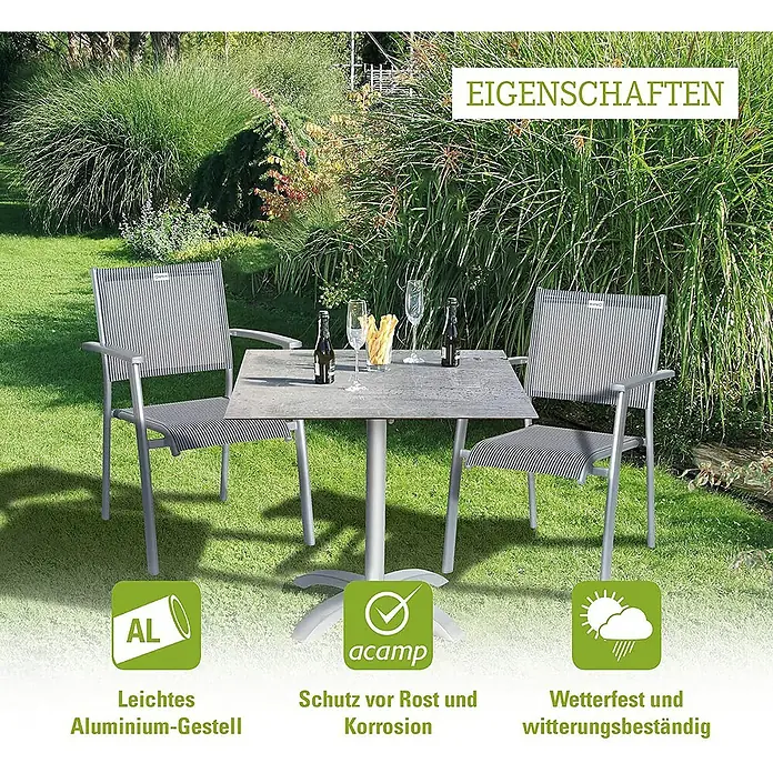 Acamp Gartentisch Acaplan - L x B x H: 80 x 80 x 72 cm, Aluminium, HPL, Quadratisch, Silber - Gartenset mit Tisch und Stühlen aus Aluminium, wetterfest und rostfrei, ideal für den Außenbereich.