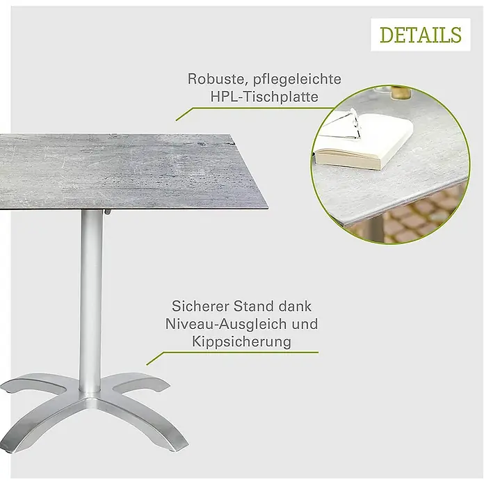 Acamp Gartentisch Acaplan - L x B x H: 80 x 80 x 72 cm, Aluminium, HPL, Quadratisch, Silber - Detailaufnahme eines grauen HPL-Tisches mit robustem Gestell und rutschfesten Füßen.