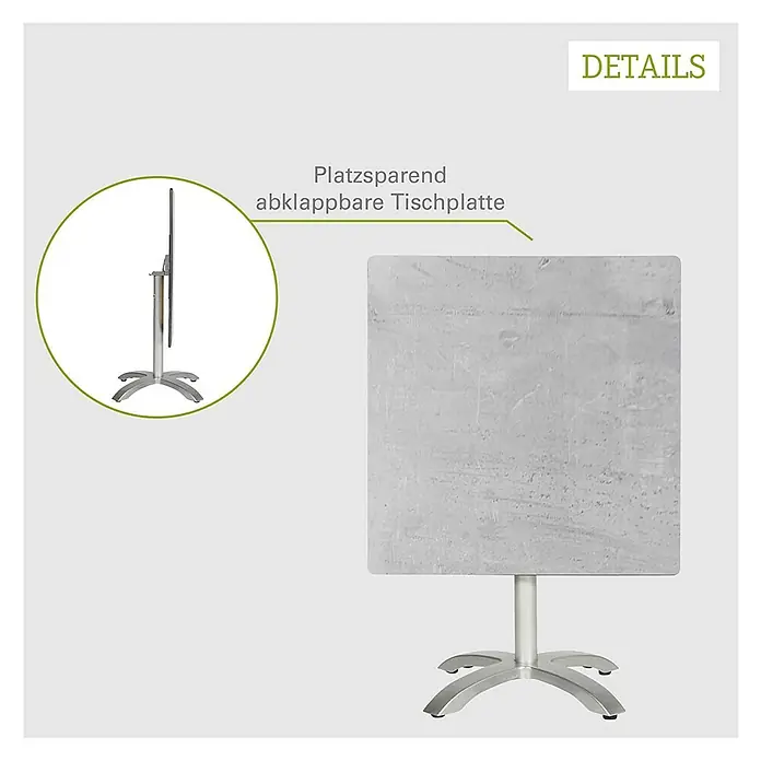 Acamp Gartentisch Acaplan - L x B x H: 80 x 80 x 72 cm, Aluminium, HPL, Quadratisch, Silber - Detailansicht eines platzsparenden, abklappbaren Bistrotisches mit quadratischer Tischplatte und silbernem Gestell.