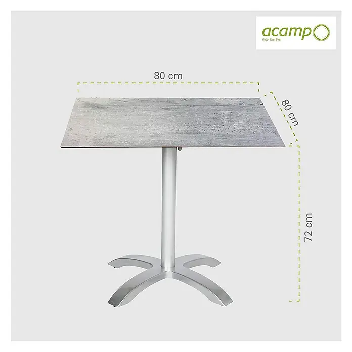 Acamp Gartentisch Acaplan - L x B x H: 80 x 80 x 72 cm, Aluminium, HPL, Quadratisch, Silber - Abbildung eines quadratischen Tisches mit den Maßen 80x80 cm und einer Höhe von 72 cm.