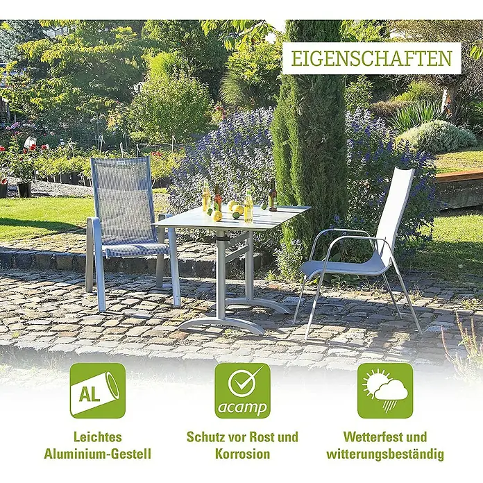 Acamp Gartentisch Acaplan - L x B x H: 120 x 80 x 72 cm, Aluminium, HPL, Rechteckig, Schwarz - Gartenmöbelset mit Tisch und Stühlen. Wetterfestes Set mit leichtem Aluminiumgestell und Schutz vor Rost und Korrosion.