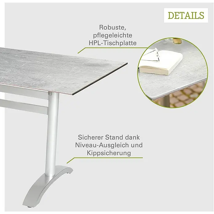Acamp Gartentisch Acaplan - L x B x H: 120 x 80 x 72 cm, Aluminium, HPL, Rechteckig, Silber - Tischdetails: Robuste HPL-Tischplatte und sicherer Stand durch Niveau-Ausgleich und Kippsicherung für den Tisch.