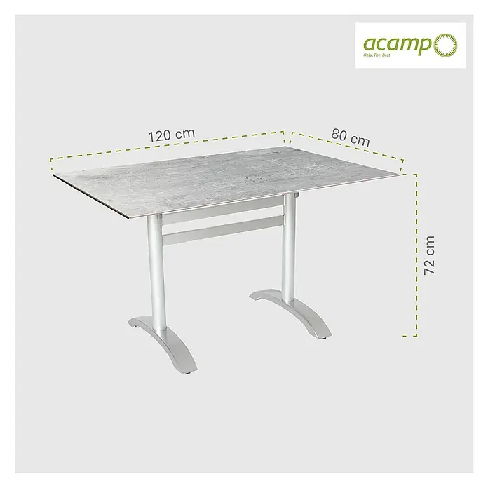 Acamp Gartentisch Acaplan - L x B x H: 120 x 80 x 72 cm, Aluminium, HPL, Rechteckig, Silber - Abbildung eines Esstisches mit den Maßen 120 x 80 x 72 cm.