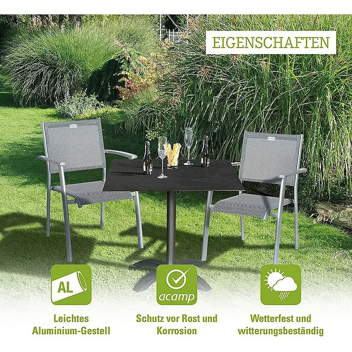 Acamp Gartentisch Acaplan - L x B x H: 80 x 80 x 75 cm, Aluminium, HPL, Quadratisch, Schwarz - Ein Gartentisch mit zwei Stühlen im Freien, ideal für entspannte Stunden. Das Set zeichnet sich durch sein leichtes Aluminium-Gestell aus.