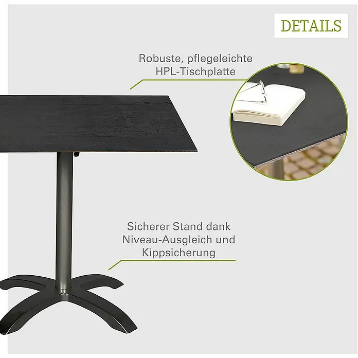 Acamp Gartentisch Acaplan - L x B x H: 80 x 80 x 75 cm, Aluminium, HPL, Quadratisch, Schwarz - Detailansicht eines robusten, pflegeleichten HPL-Tisches mit stabilem Stand dank Niveau-Ausgleich und Kippsicherung.
