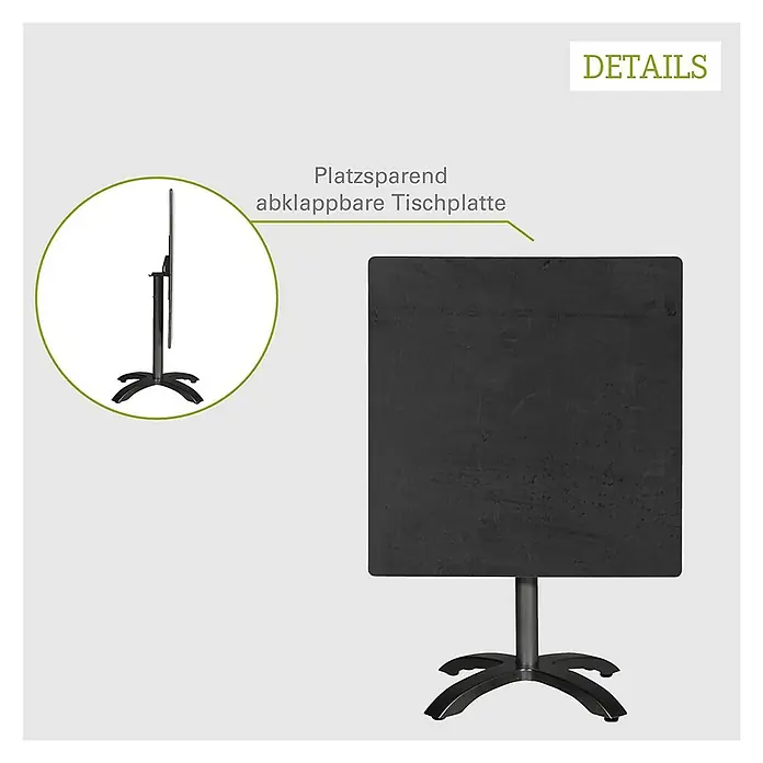 Acamp Gartentisch Acaplan - L x B x H: 80 x 80 x 75 cm, Aluminium, HPL, Quadratisch, Schwarz - Bild eines platzsparenden Klapptisches mit schwarzer Tischplatte und robustem Gestell.