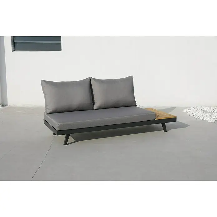 Acamp Loungemöbel-Set Naxos - 3 -tlg., Aluminium, Polyester, Grau/Braun - Elegantes graues Lounge-Sofa mit Holzablage. Die klaren Linien und die bequemen Kissen laden zum Entspannen im Freien ein.