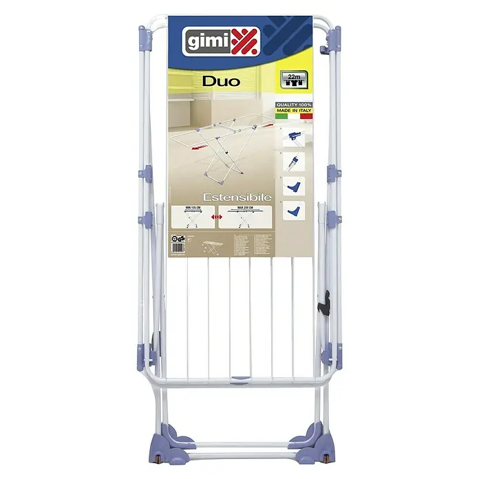 Gimi Flügel-Wäscheständer Duo - Länge Wäscheleine: 22 m, L x B x H: 129 x 17 x 59 cm, Grau - Ein Wäscheständer der Marke Gimi, Modell Duo, mit ausziehbarer Funktion und dem Hinweis auf "Qualität 100% Made in Italy".