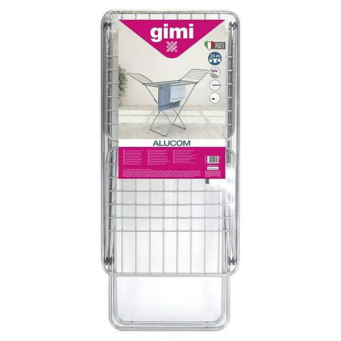 Tendedero con alas Gimi Alucom - Longitud cuerda de tender: 20 m, L x An x Al: 129 x 6,3 x 55,5 cm, Gris - Tendedero Gimi Alucom con 20 metros de espacio para tender y capacidad XXL, perfecto para grandes cargas, plegable para ahorrar espacio.