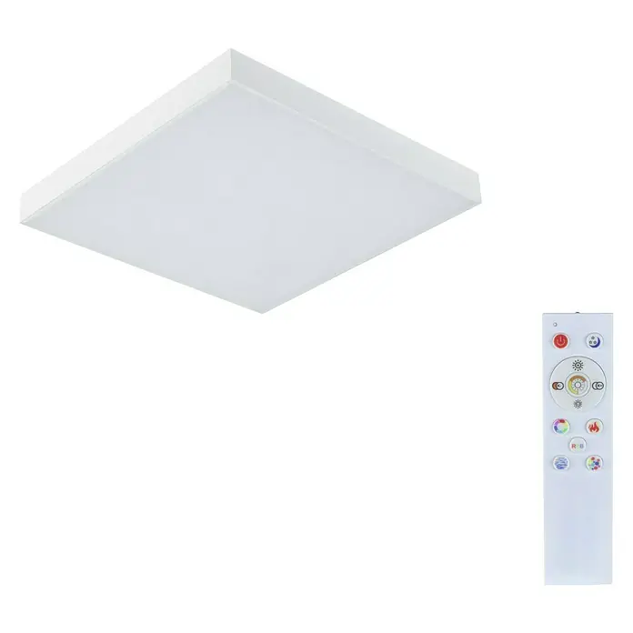 Paulmann LED-Panel Velora Rainbow - 16 W, L x B x H: 29,5 x 29,5 x 6,4 cm, Weiß, RGBW - Das Bild zeigt eine quadratische LED-Deckenleuchte mit einer Fernbedienung, die verschiedene Farbmodi für eine individuelle Beleuchtung bietet.