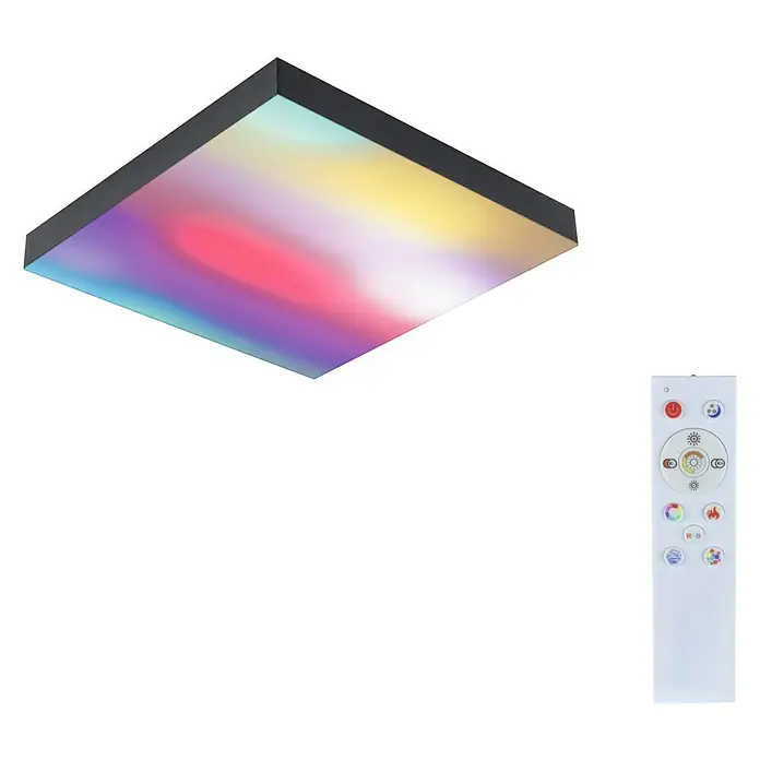 Paulmann LED-Panel Velora Rainbow - 16 W, L x B x H: 29,5 x 29,5 x 6,4 cm, Schwarz, RGBW - Eine quadratische LED-Deckenleuchte mit Farbverlauf und zugehöriger Fernbedienung.