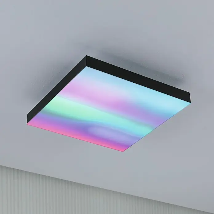 Paulmann LED-Panel Velora Rainbow - 16 W, L x B x H: 29,5 x 29,5 x 6,4 cm, Schwarz, RGBW - Moderne quadratische Deckenleuchte mit mehrfarbiger Beleuchtung und schwarzem Rahmen, ideal für stimmungsvolle Innenräume.