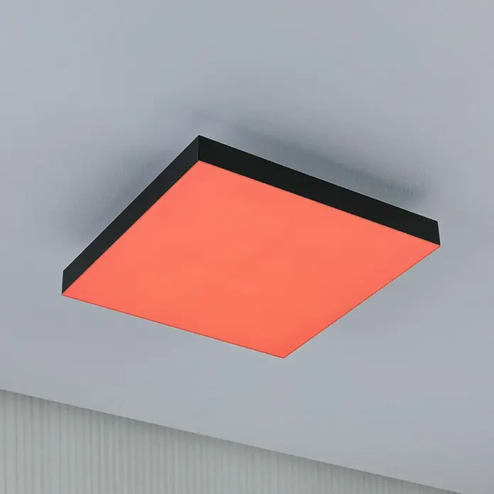Paulmann LED-Panel Velora Rainbow - 16 W, L x B x H: 29,5 x 29,5 x 6,4 cm, Schwarz, RGBW - Quadratische Deckenleuchte mit schwarzem Rahmen und orangefarbener Beleuchtung.
