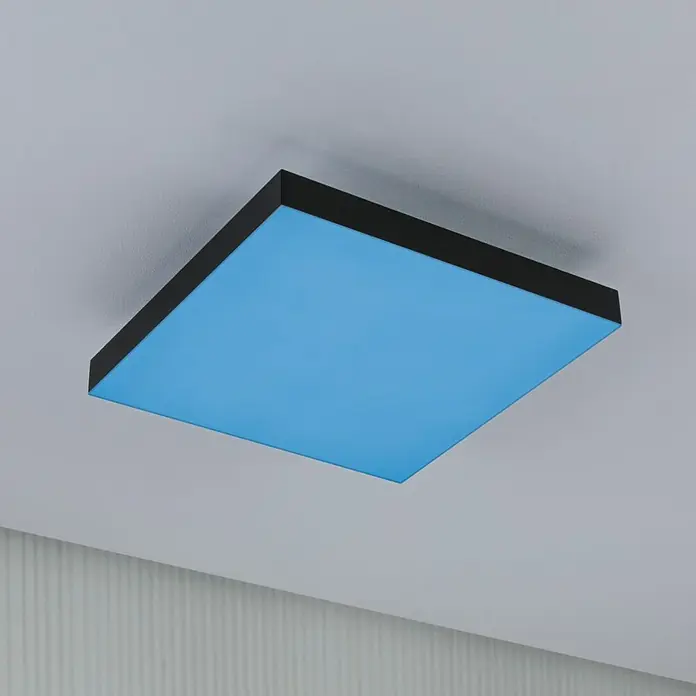 Paulmann LED-Panel Velora Rainbow - 16 W, L x B x H: 29,5 x 29,5 x 6,4 cm, Schwarz, RGBW - Moderne blaue LED-Deckenleuchte mit schwarzem Rahmen, die ein helles und stilvolles Ambiente schafft.