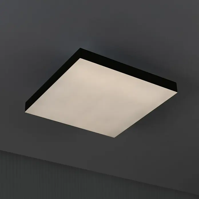 Paulmann LED-Panel Velora Rainbow - 16 W, L x B x H: 29,5 x 29,5 x 6,4 cm, Schwarz, RGBW - Nahaufnahme einer quadratischen Deckenleuchte mit schwarzem Rahmen und diffusem, hellem Licht.