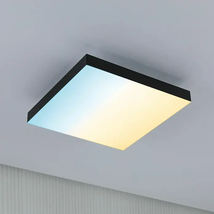 Paulmann LED-Panel Velora Rainbow - 16 W, L x B x H: 29,5 x 29,5 x 6,4 cm, Schwarz, RGBW - Moderne quadratische Deckenleuchte mit blau-gelber Beleuchtung und schwarzem Rahmen, die jedem Raum einen stilvollen Touch verleiht.