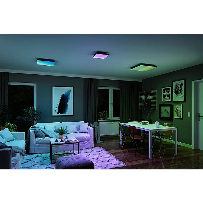 Paulmann LED-Panel Velora Rainbow - 16 W, L x B x H: 29,5 x 29,5 x 6,4 cm, Schwarz, RGBW - Wohnzimmer mit Farbakzenten durch die LED-Deckenpaneele, die eine stimmungsvolle Atmosphäre schaffen. Ideal für moderne Wohnräume.