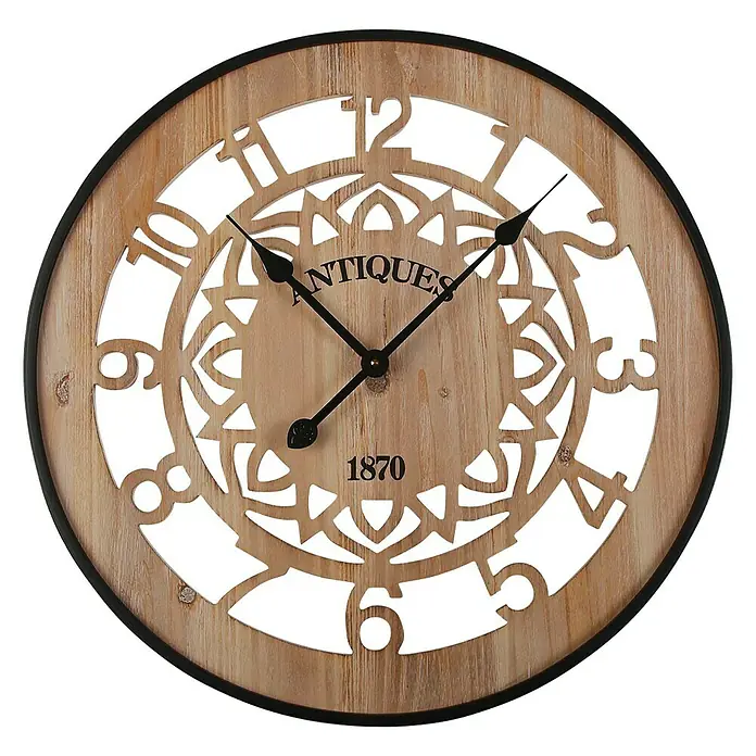 Versa Reloj de pared Madera Antiques - Diámetro: 60 cm, Marrón claro - Elegante reloj de pared de estilo antiguo con efecto madera. Los números y "Antiques" están artísticamente recortados. Ideal para salón u oficina.