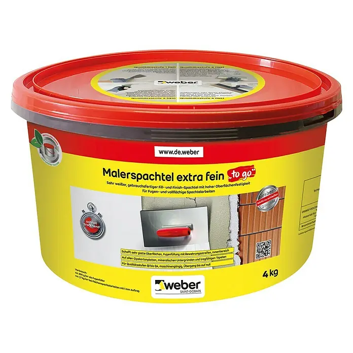 SG Weber Malerspachtel Extra Fein To Go - 4 kg - Abbildung eines Eimers Malerspachtel extra fein "to go" von Weber, einem gebrauchsfertigen Füll- und Finish-Spachtel für Fugenarbeiten.