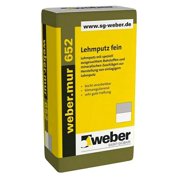 SG Weber Lehmputz Mur 652 Fein - 30 kg, Struktur: Fein - Olivgrüner und gelber Sack Weber.mur 652 Lehmputz fein.