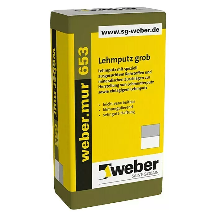 SG Weber Lehmputz Mur 653 Grob - 30 kg, Struktur: Grob - Grün-gelber Sack Weber.mur 653 Lehmputz grob für Innenwände.