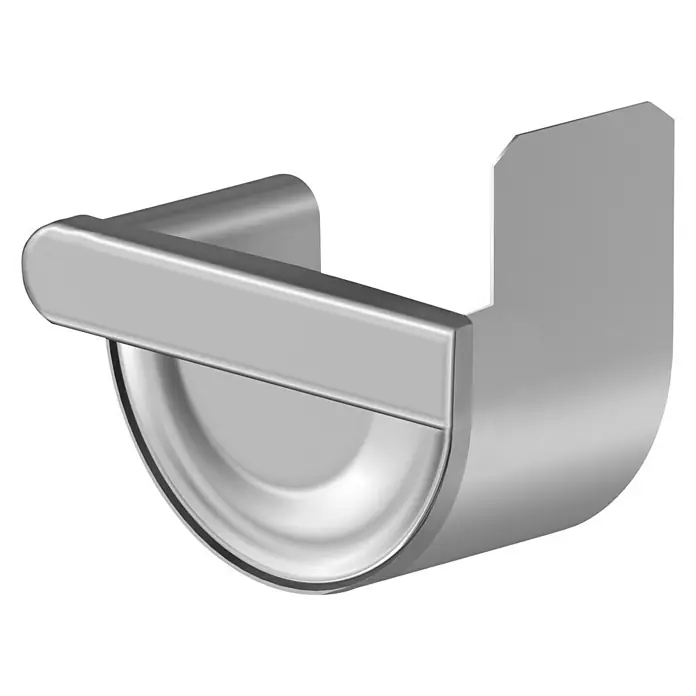 Sarei Rinnenendstück - Nennweite: 125 mm, Rechts, Aluminium - Abbildung einer silberfarbenen Dachrinnenhalterung mit einer halbkreisförmigen Rinne und einer rechteckigen Lasche zur Befestigung.