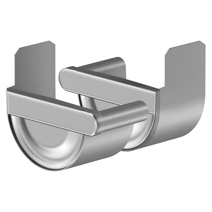 Sarei Rinnenendstück - Nennweite: 80 mm, Links & Rechts, Aluminium, Rund, Silber - Nahaufnahme einer glänzenden, silberfarbenen Dachrinnenhalterung mit einem minimalistischen Design auf schwarzem Hintergrund.