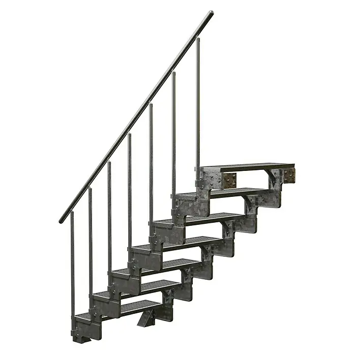 Dolle Außentreppe Gardentop - Gitterroststufen, Feuerverzinkte Geländerstäbe, Breite: 80 cm, Anzahl Stufen: 7 Stk., Geschosshöhe: 126 cm - 154 cm - Metalltreppe mit Geländer auf schwarzem Hintergrund, die nach oben führt. Ideal für Industrie oder den Außenbereich, robust und langlebig.