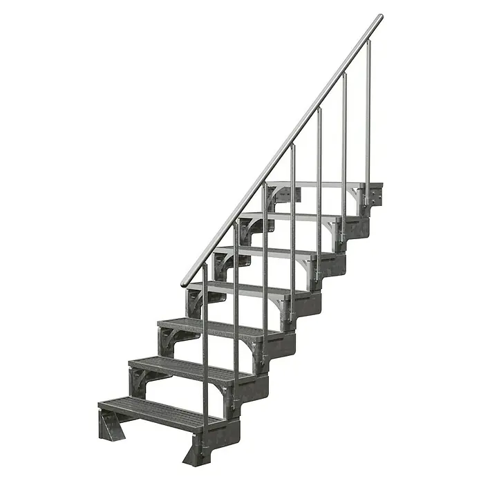 Dolle Außentreppe Gardentop - Gitterroststufen, Feuerverzinkte Geländerstäbe, Breite: 80 cm, Anzahl Stufen: 7 Stk., Geschosshöhe: 126 cm - 154 cm - Metalltreppe mit Geländer. Die Treppe hat Stufen aus Gitterrost und ist für den Außenbereich geeignet.