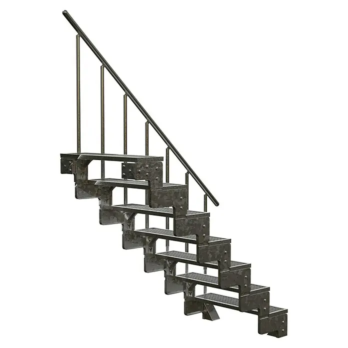 Dolle Außentreppe Gardentop - Gitterroststufen, Feuerverzinkte Geländerstäbe, Breite: 80 cm, Anzahl Stufen: 7 Stk., Geschosshöhe: 126 cm - 154 cm - Treppe aus Metall mit Geländer auf schwarzem Hintergrund.