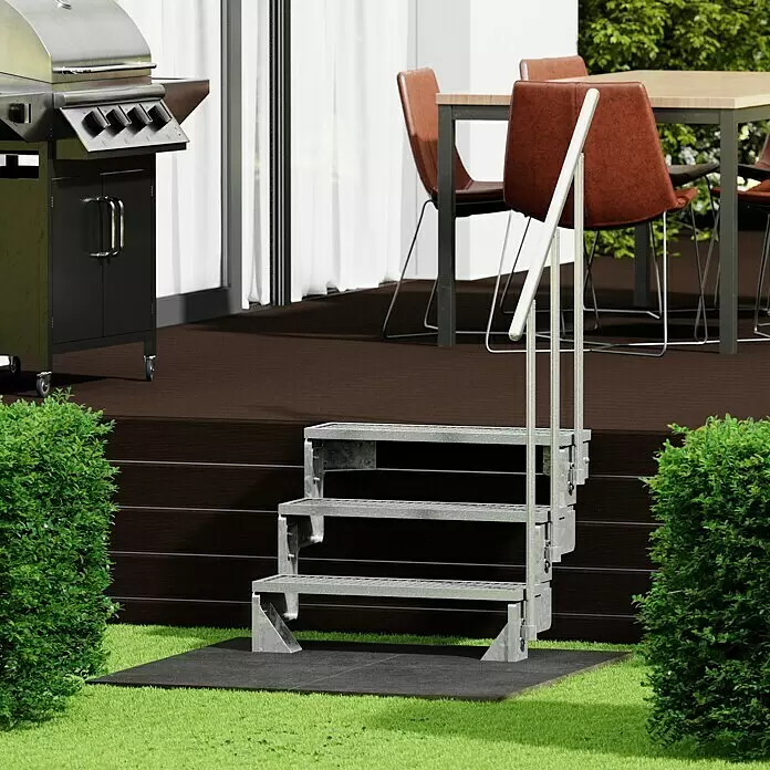 Dolle Außentreppe Gardentop - Gitterroststufen, Feuerverzinkte Geländerstäbe, Breite: 80 cm, Anzahl Stufen: 3 Stk., Geschosshöhe: 54 cm - 66 cm - Verzinkte Metall-Außentreppe mit 3 Stufen und Handlauf, verbindet Terrasse mit Rasenfläche.