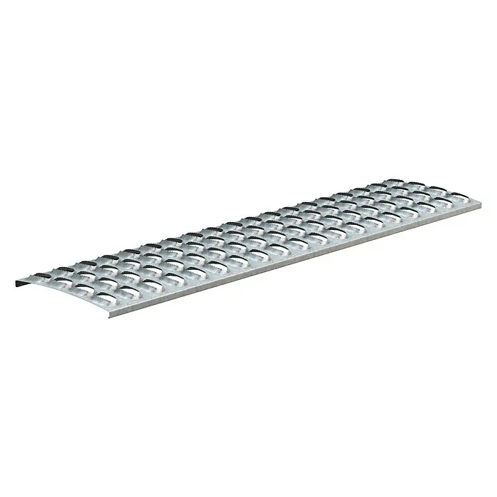 Sarei Laufrost - 100 x 25 cm, Stahl - Das Bild zeigt eine rutschfeste Trittstufe aus Metall mit erhöhten Noppen für mehr Sicherheit. Ideal für Treppen und Laufwege.