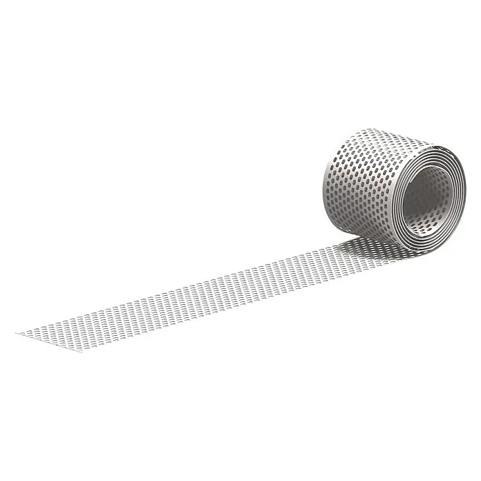 Sarei Vogelschutzgitter - 5 m x 100 mm, Weiß - Eine Rolle perforiertes Band, das auf einer schwarzen Oberfläche aufgerollt ist.