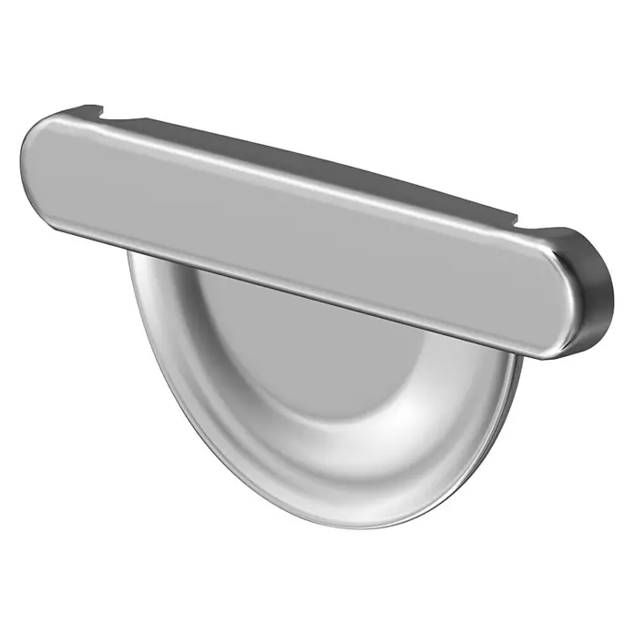 Sarei Rinnenendstück - Nennweite: 80 mm, Aluminium, Silber, Links & Rechts - Nahaufnahme eines polierten, halbrunden Edelstahldosenöffners mit einem flachen Griff.