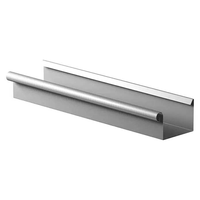 Sarei Kastendachrinne - Nennweite: 85 mm, Länge: 300 cm, Zink/Titanzink, Silber - Nahaufnahme einer Dachrinne aus Metall, die für die Ableitung von Regenwasser an Gebäuden verwendet wird.