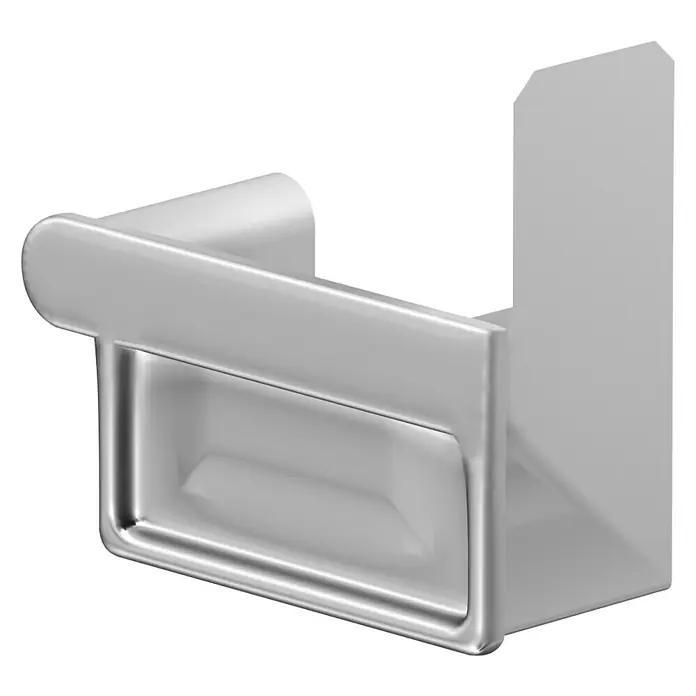 Sarei Rinnenendstück - Nennweite: 70 mm, Rechts, Aluminium - Eine Nahaufnahme eines glänzenden, silberfarbenen Toilettenpapierhalters vor einem neutralen, schwarzen Hintergrund. Das Design ist modern und minimalistisch.