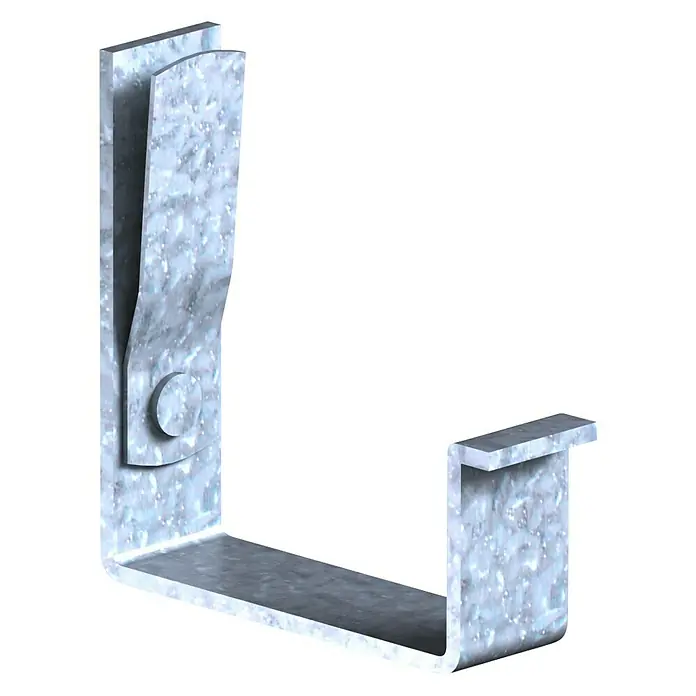Sarei Kastenrinnenhalter Spezial - Nennweite: 70 mm, Silber, Stahl - Nahaufnahme eines glanzverzinkten Dachrinnenhalters in J-Form, der Stabilität und Funktionalität für Ihr Dachrinnensystem bietet.
