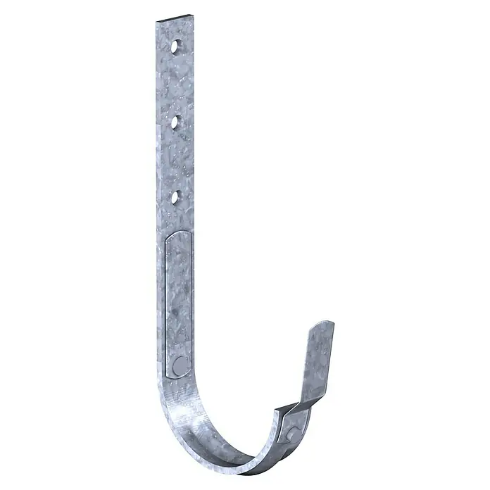 Sarei Dachrinnenhalter - Nennweite: 80 mm, Stahl - Nahaufnahme eines robusten, verzinkten Dachrinnenhakens, ideal für die sichere Befestigung von Dachrinnen und Ableitung von Regenwasser.