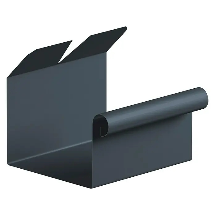 Sarei Kastenrinnenverbinder - Nennweite: 70 mm, Aluminium, Anthrazit - Ansicht eines dunkelgrauen Dachrinnen-Produkts mit gerollter Kante. Ideal für Dachentwässerung und Bauanwendungen.