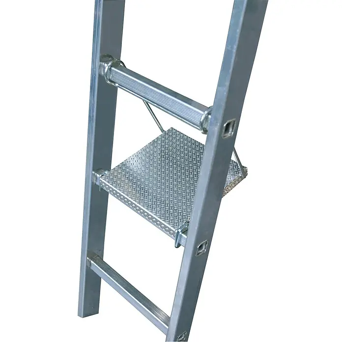 Krause Trittablage - L x B x H: 450 x 340 x 70 mm - Detailansicht einer stabilen Aluminiumleiter mit Trittstufe, ideal für sichere Höhenarbeiten.