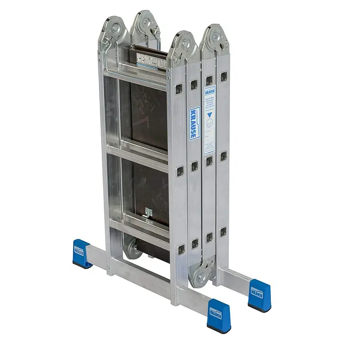 Krause Combi Multiboard für Gelenkleitern - Länge: 81 cm - Bild einer Krause Vielzweckleiter aus Aluminium, die kompakt zusammengeklappt ist und blaue Fußkappen besitzt.