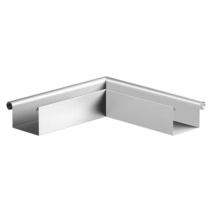 Sarei Kastenrinnenwinkel - Nennweite: 70 mm, Außenecke, Aluminium - Ein silberner, rechtwinkliger Dachrinnenwinkel, der aus zwei rechtwinklig zueinander stehenden Rinnenteilen besteht, die durch einen Winkel verbunden sind.