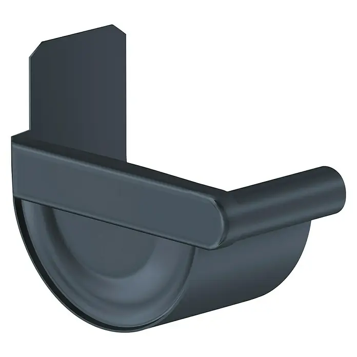 Sarei Rinnenendstück - Nennweite: 80 mm, Links, Aluminium, Anthrazit - Nahaufnahme einer grauen Dachrinnenhalterung mit Halterung und abgerundeter Rinnenmulde, ideal für die sichere Befestigung von Dachrinnen.