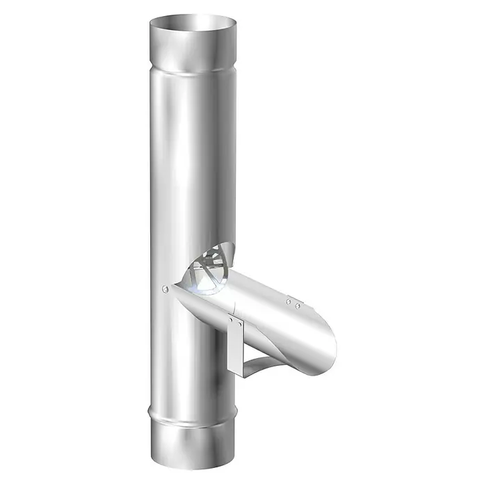 Sarei Regenwasserklappe - Nennweite: 80 mm, Zink - Das Produkt ist ein Rauchrohr-Seitenanschluss aus glänzendem Metall mit einem seitlichen Abgang für eine effiziente Rauchableitung.